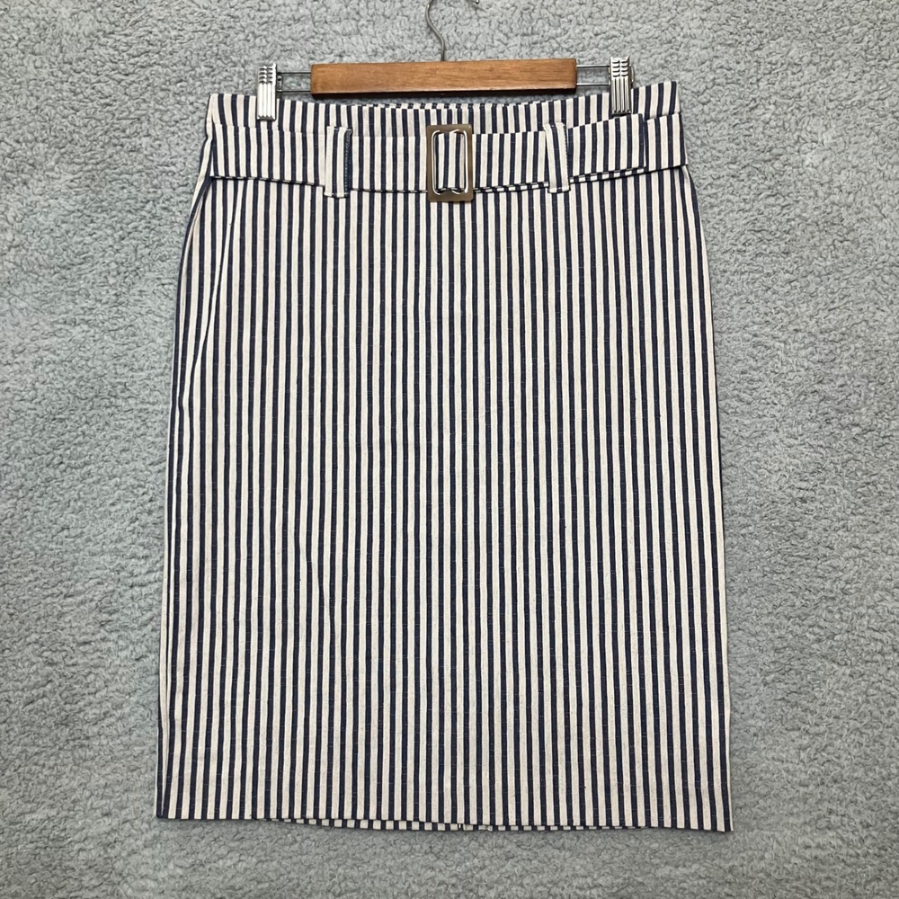 NWOT Linda Matthews Pencil Skirt Women M Navy Oatmeal Linen Blend Striped Belted